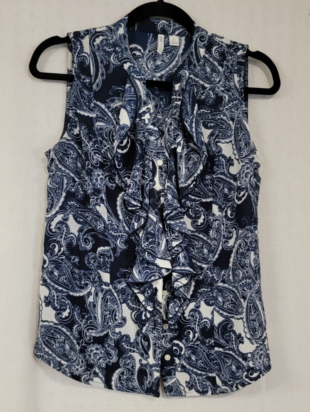 Cato Navy & White Paisley Ruffle Sleeveless Blouse